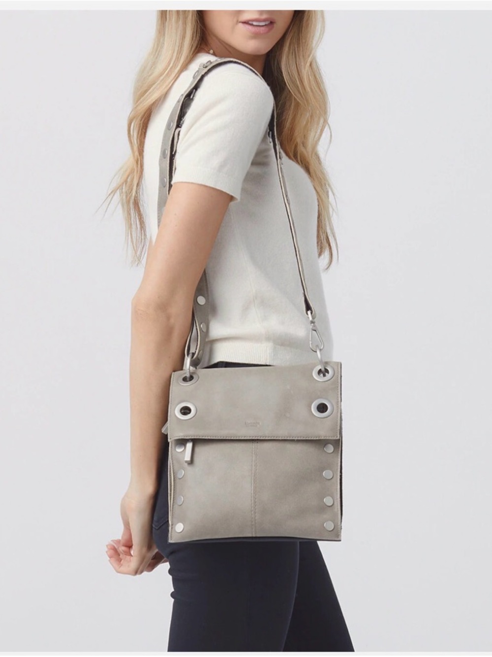 Hammitt Montana Reversible Large Leather Bag in a light grey/pewter color.